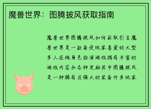 魔兽世界：图腾披风获取指南